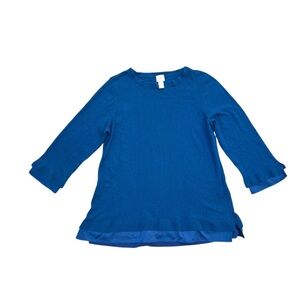Chico's Satin Trim Pullover 3/4 Sleeves Chicos Size 3 =XL Blue Crew Neck Sweater